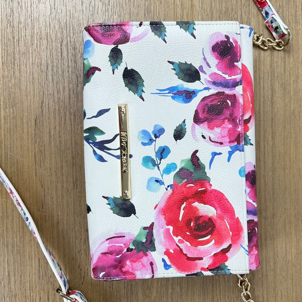 Betsey Johnson Floral Print Crossbody Bag Clutch with Bow Gold Chain - Picture 8 of 15